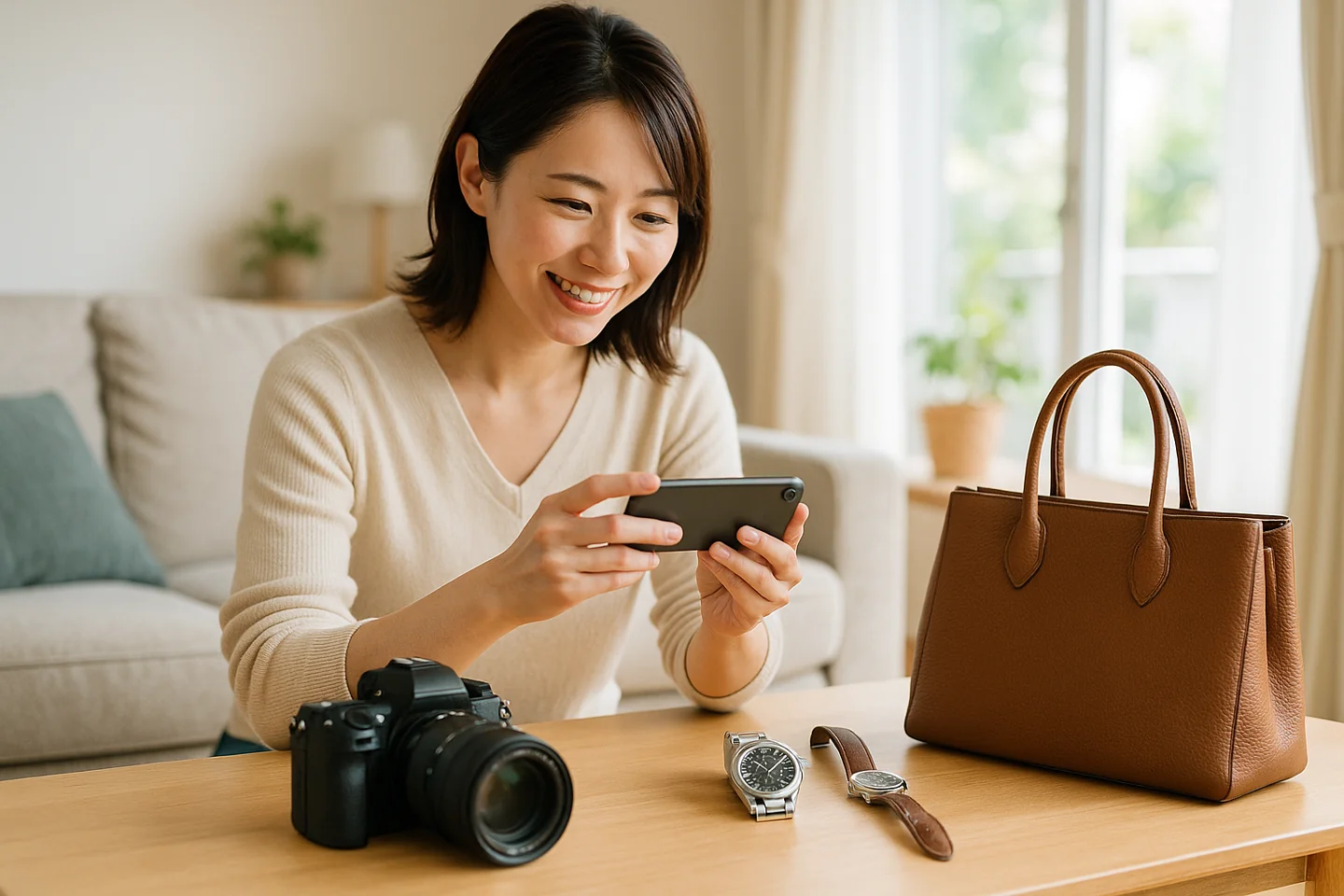 売りたい品物を査定に出す様子